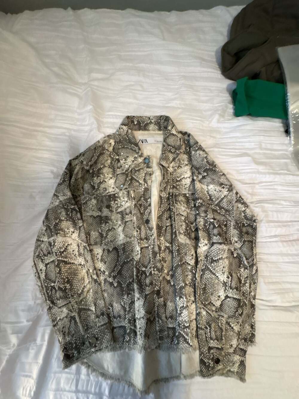 Zara Studded Snake Print Denim Shacket with Frayed Hem